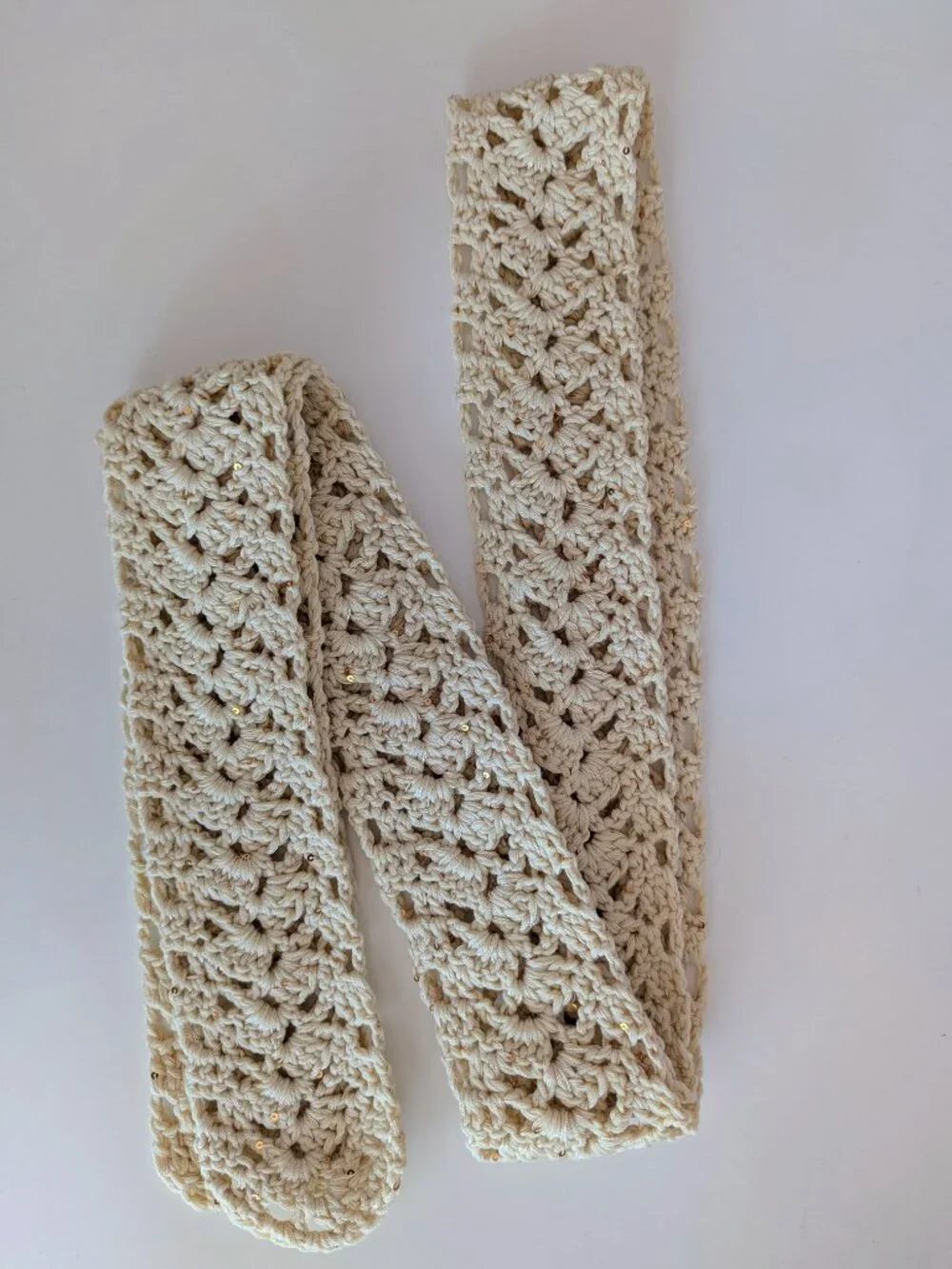 Handmade Crochet Lace Sequin Skinny Scarf Extra Long Linen Cream Gold